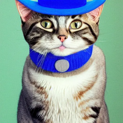 Prompt: a cat wearing a blue hat