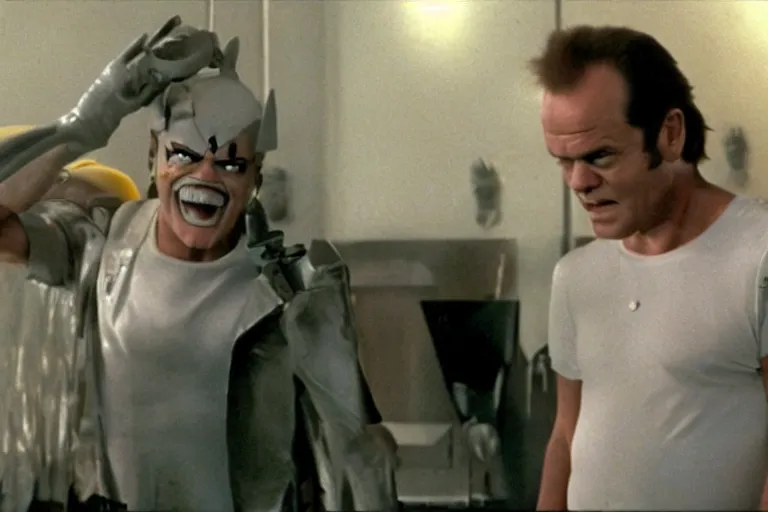 Prompt: Jack Nicholson plays Pikachu Terminator, scene where his endoskeleton gets exposed, still from the film