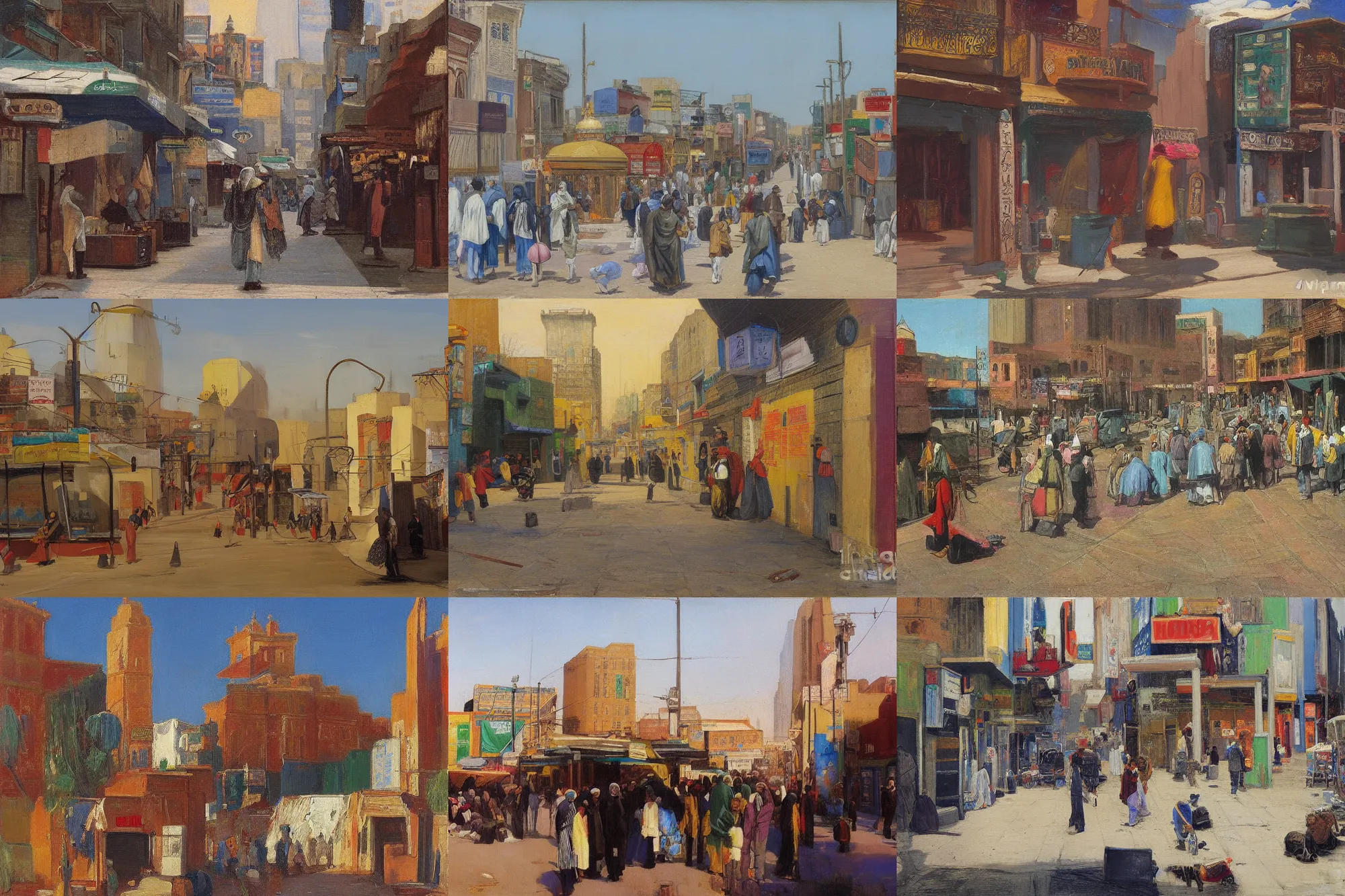 Prompt: moroccan street in queens ny, new york city, mta subway entrance, busses, Jean-Leon Gerome