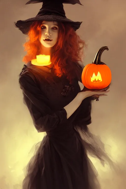 Prompt: portrait of a ghoulish victorian witch dark cheekbones holding a jack - o - lantern, halloween night, charlie bowater, artgerm, ilya kuvshinov, krenz cushart, ruan jia, realism, ultra detailed, 8 k resolution