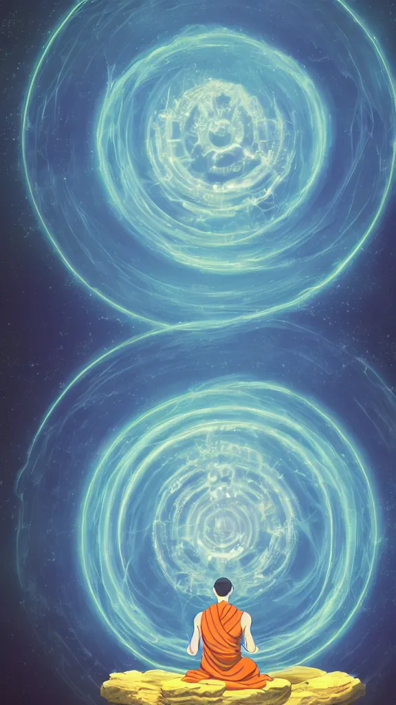 Prompt: illustration of a peaceful levitating meditating monk in the centre of a swirling atom, studio ghibli, ultra hd