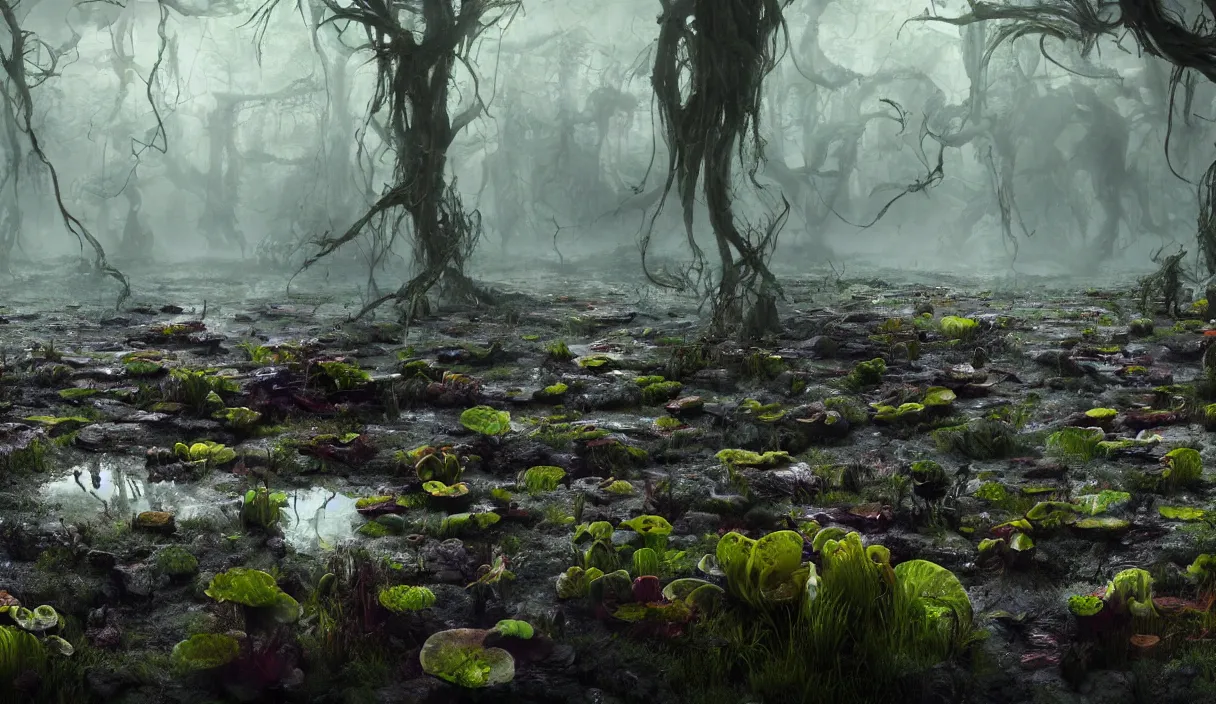 Image similar to monstrous hungry lush carnivorous plants growing from bubbling peat bog, murky water, reflections, contrasting light, attention to detail, dark and dramatic atmosphere, volumetric fog, raytracing, back light, raymarching, by ilm, by digital domain, by weta digital