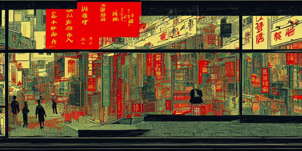 Prompt: a shop window in hong kong, by dan mumford and peter doig and edward hopper, minimal, black ink, thick lines, highly detailed, muted colours, overlaid with chinese adverts, 8 k