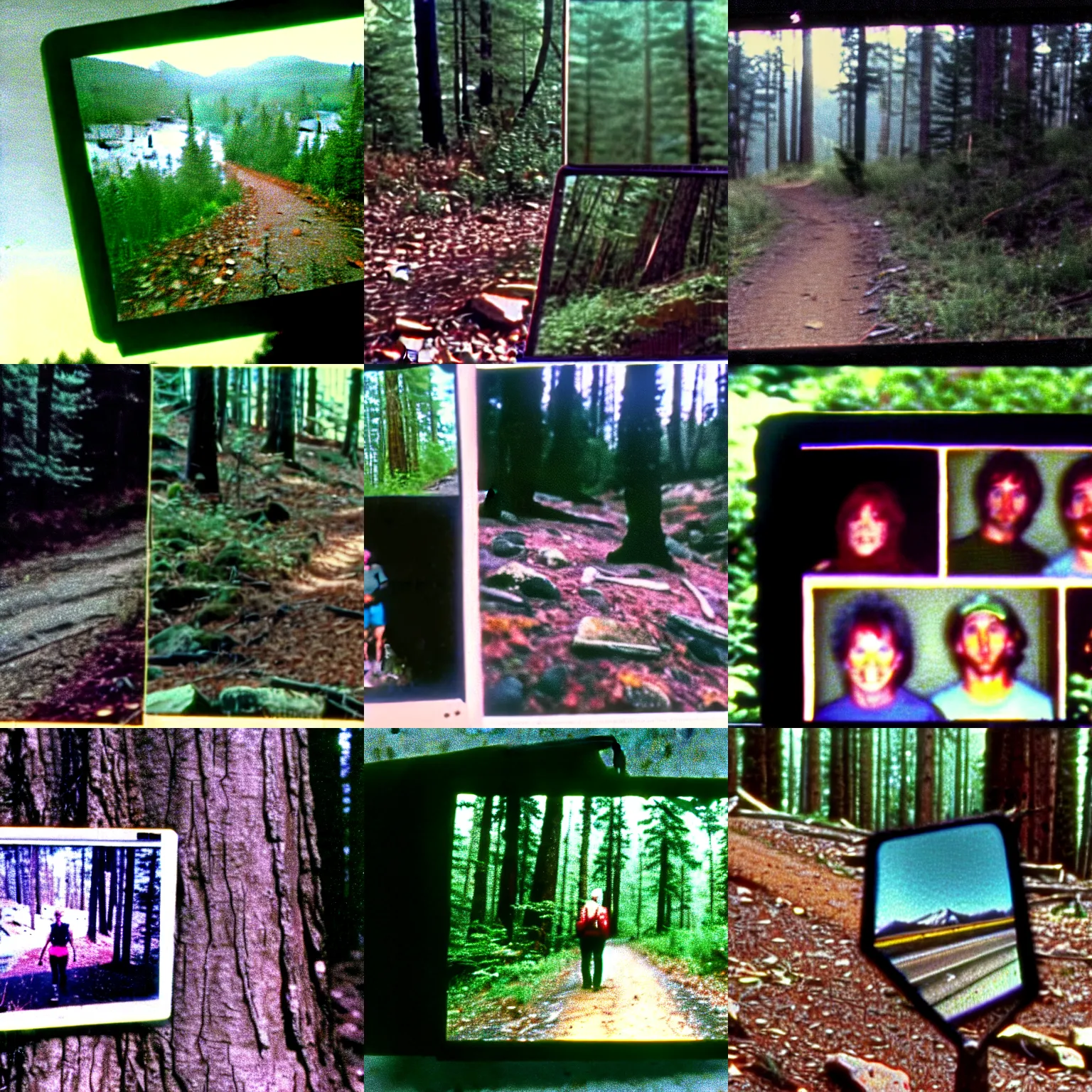 Image similar to A screen capture of found footage video left behind by a missing hiker in 1986