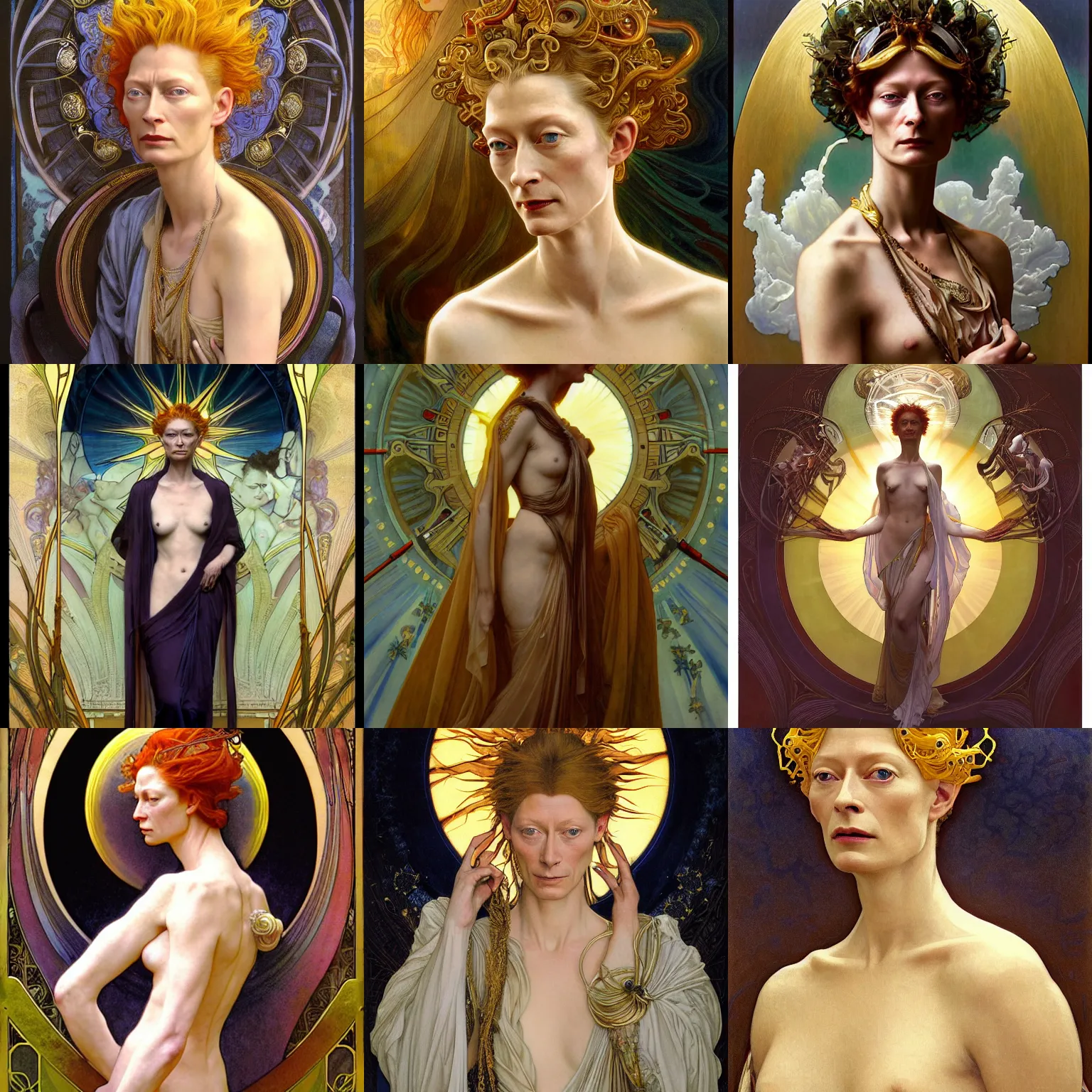Prompt: stunning, breathtaking, awe-inspiring award-winning concept art nouveau painting of attractive Tilda Swinton as the goddess of the sun, with anxious, piercing eyes, by Alphonse Mucha, Michael Whelan, William Adolphe Bouguereau, John Williams Waterhouse, and Donato Giancola, cyberpunk, extremely moody lighting, glowing light and shadow, atmospheric, cinematic, 8K