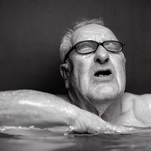 Prompt: a photo of an old man having nightmares while bathing