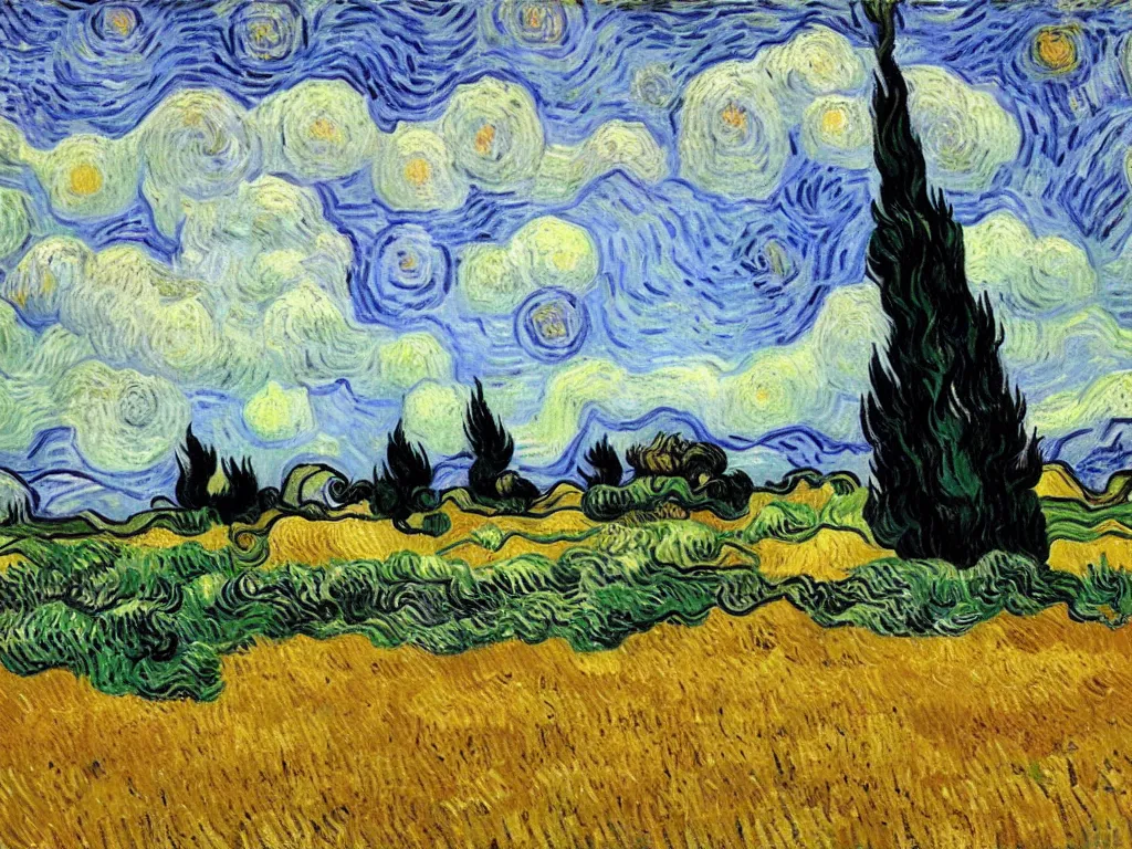 Prompt: wheat field with cypresses, by van gogh but in the style of tim burton, teal and pink