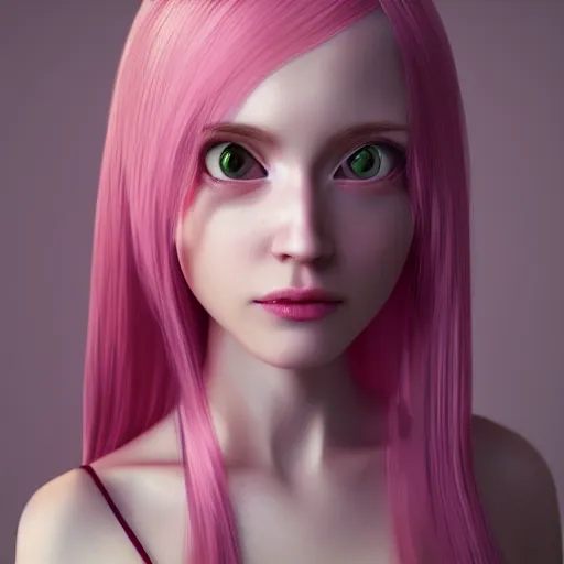 Image similar to A 3d cgi toon young woman with long pink hair, full bangs, amber eyes, pale skin, Chinese, medium shot, mid-shot, soft focus, 4k, trending on artstation