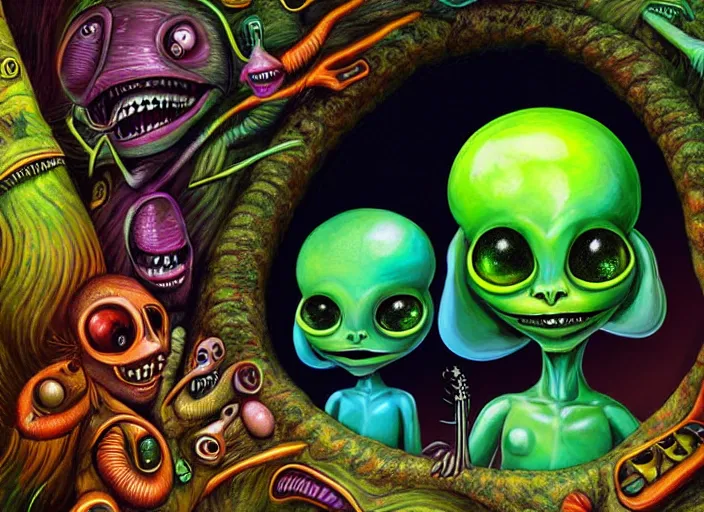 Prompt: 👽 aliens by a cave pool, lowbrow, amazing colorful background, digital art, concept art, in the style of mark ryden, 3 - d 4 k,