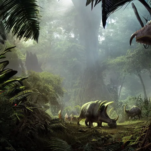 Prompt: triceratops walking through a jungle, atmosperic, dramatic lighting, trending on artstation, ark survival evolved