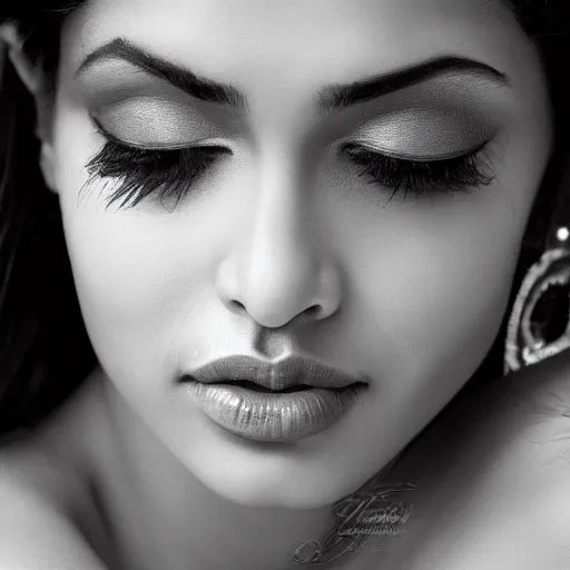 Image similar to waist up portrait photography of indian beauty who have the nose of angelina jolie, lips of megan fox and the eyes of rihanna, award winning photography by leonardo espina, black and white, old style photography, photo pose