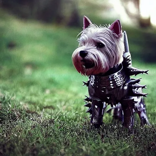 Prompt: “ west highland terrier clad in iron armor with spikes, with a gun glued to his head. ”