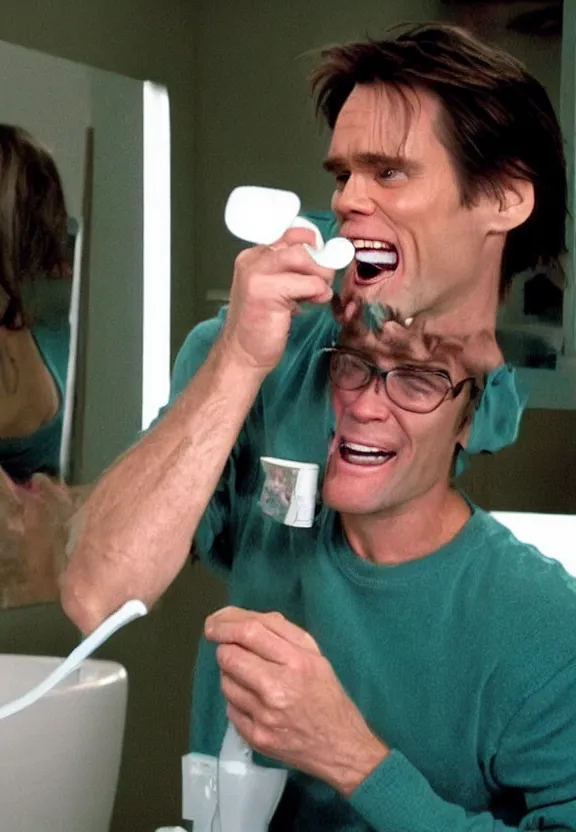 Prompt: jim carrey brushing his teeth with an electric toothbrush suds cinematic bright light heaven