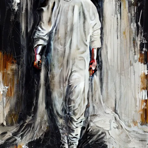 Image similar to a full body lookbook portrait of modern - day jesus wearing virgil abloh off - white menswear and sneaker collection by nicola samori, detailed, realistic oil painting, hyper - realistic, 8 k, off - white collection