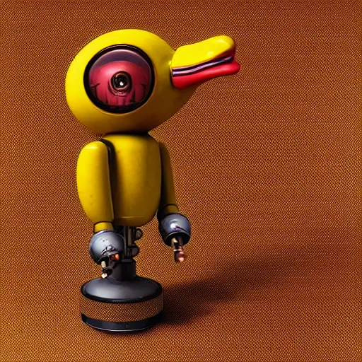 Image similar to closeup portrait of tin toy retro robot yellow duck, depth of field, red zeiss lens, detailed, centered, fashion photoshoot, by nicoletta ceccoli, mark ryden, lostfish, extremely detailed, artistic, hyperrealistic, octane render