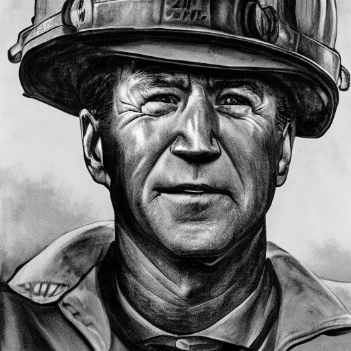 Prompt: Joe Biden as a coal miner, high detail, portrait, close up, dirty, hard hat, smear, smudge, grit