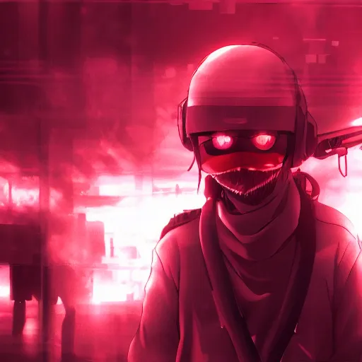 Image similar to anime al qaeda, 3 5 mm film still, wired landscape, cyberpunk, volumetric lighting, photo realistic, digital art, anime background, red colour palette, very detailed faces