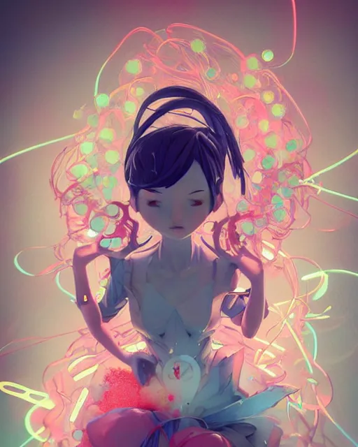 Image similar to james jean isolated vinyl figure magical girl character design, figure photography, dynamic pose, holographic undertones, motion shapes color design, glitter accents on figure, anime stylized, sharp focus, accurate fictional proportions, high delicate defined details, ethereal lighting