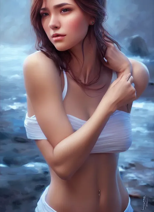 Image similar to photo of a gorgeous young woman in the style of stefan kostic, realistic, sharp focus, 8 k high definition, insanely detailed, intricate, elegant, art by stanley lau and artgerm