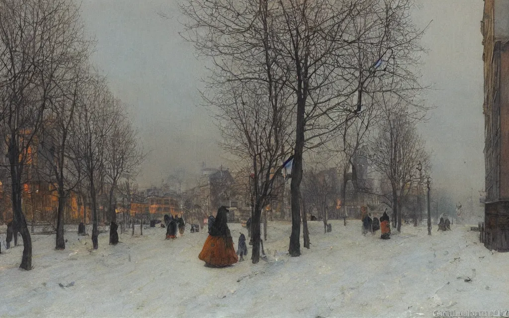 Prompt: a painting of a street in winter, pale sun, mist, oil on canvas, by carl larsson