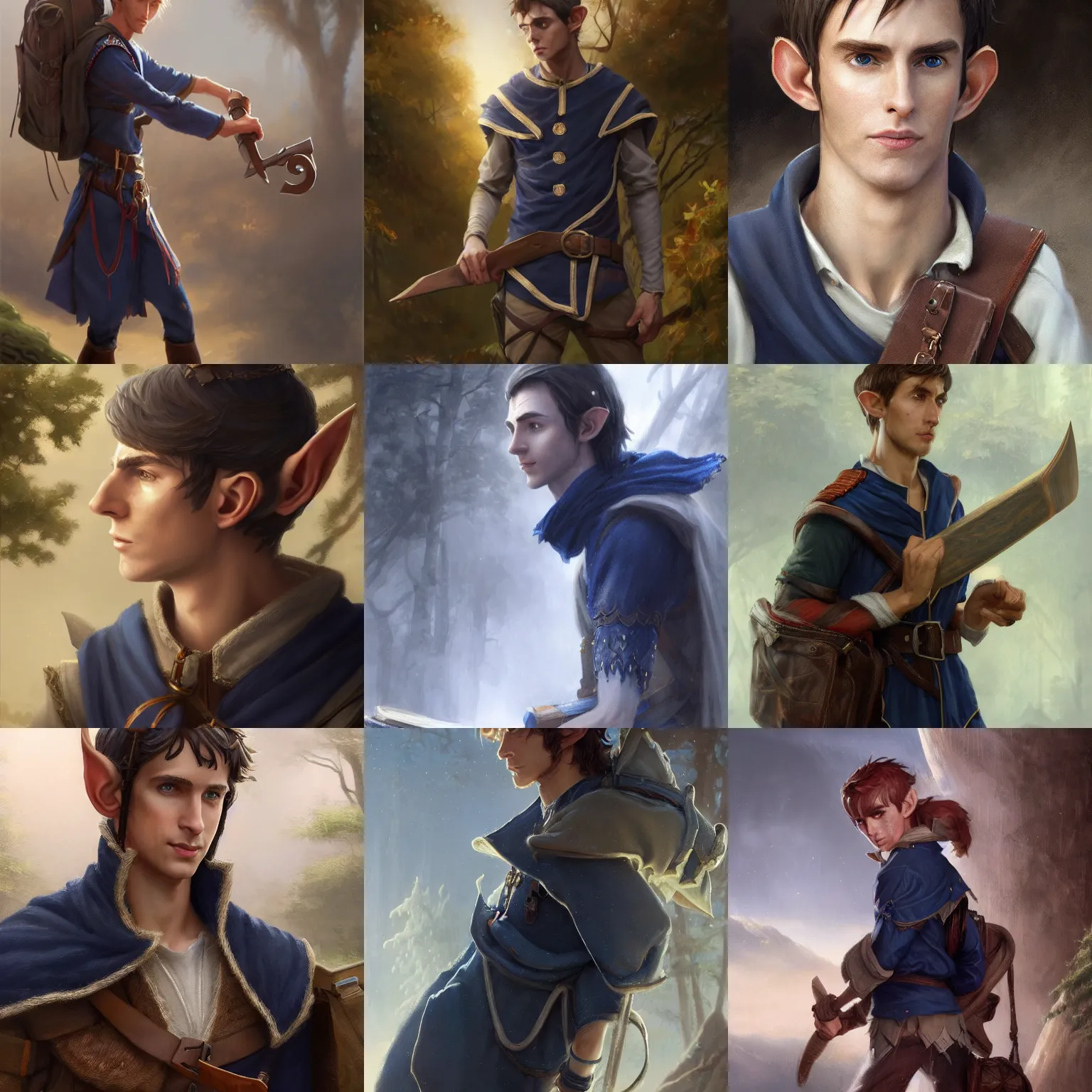 Prompt: 8k closeup a young curious handsome male wood elf elf elf scholarly adventurer wearing a navy blue student's tunic carrying a satchel of arcane supplies, by Raymond Swanland Greg Rutkowski Lise Deharm, intricate, masterpiece, sharp, digital art, ArtStation, CGStation, 4k