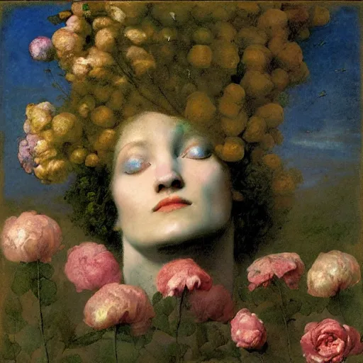 Prompt: beautiful woman's head surrounded by flowers and floating in the sky, by Odd Nerdrum, by Francisco Goya, by M.C. Escher, beautiful, eerie, surreal, colorful