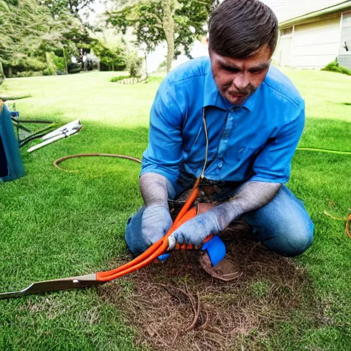 Image similar to A man cutting a partially underground copper cable on his lawn with giant scissors