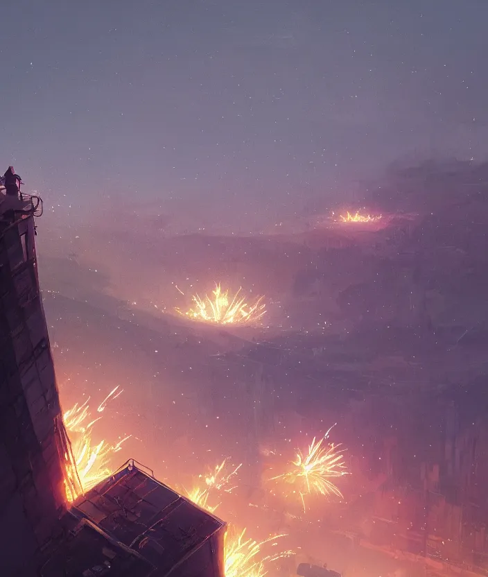 Prompt: sky of fireworks seen from high up in the sky at night by makoto shinkai, simon stalenhag, nier atutomata environment concept art, greg rutkowski and krenzcushart