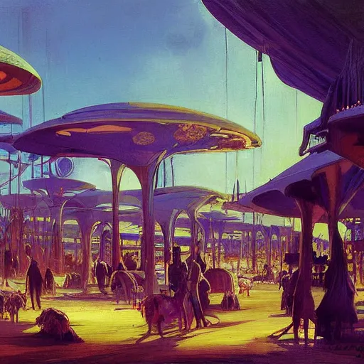 Image similar to painting of syd mead artlilery scifi organic shaped african market with ornate metal work lands on a farm, floral ornaments, african architecture, volumetric lights, purple sun, andreas achenbach