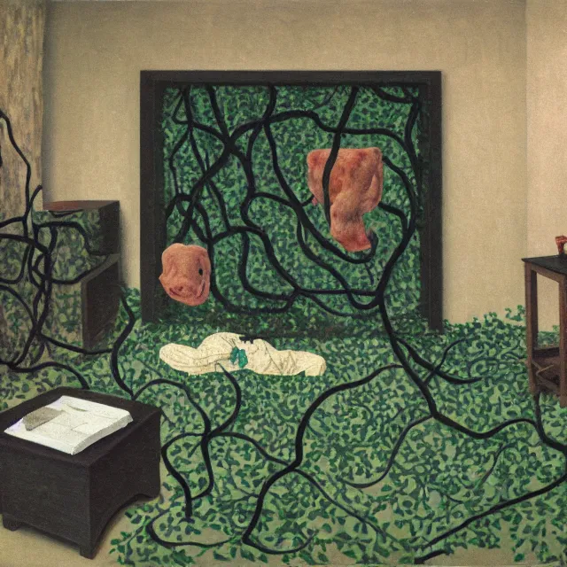 Image similar to a pathology student in her apartment, wrapped in vines, large stones, pig, black walls, ikebana, black armchair, puddles, moss, acrylic on canvas, surrealist, by magritte and monet