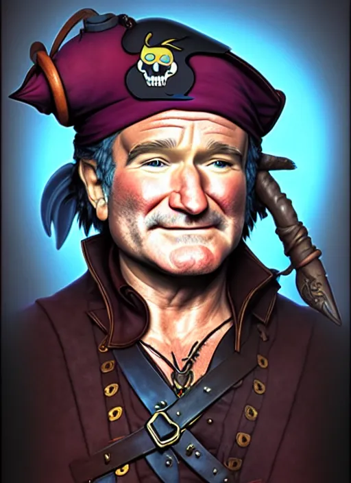 Image similar to robin williams as a pirate wearing black. parrot on his shoulder, on a pirate ship natural lighting, path traced, highly detailed, high quality, digital painting, by don bluth and ross tran and studio ghibli and alphonse mucha, artgerm