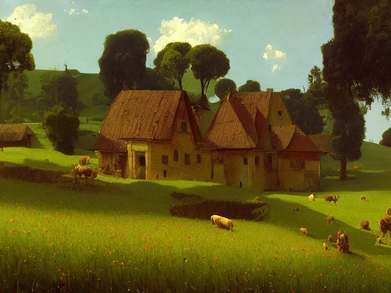 Prompt: an oil painting of a small farm in a vivid meadow on a beautiful morning by beksinski carl spitzweg and tuomas korpi. baroque elements, full-length view. baroque element. intricate artwork by caravaggio. Trending on artstation. 8k
