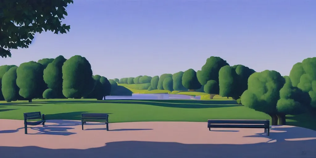 Prompt: the bench, blue sky, summer evening, kenton nelson