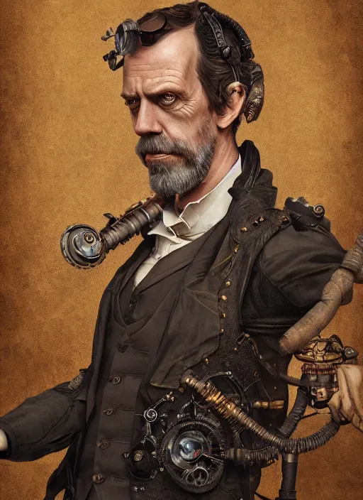 Image similar to steampunk portrait of hugh laurie, au naturel, hyper detailed, digital art, trending in artstation, cinematic lighting, studio quality, smooth render, unreal engine 5 rendered, octane rendered, art style by klimt and nixeu and ian sprigger and wlop and krenz cushart.