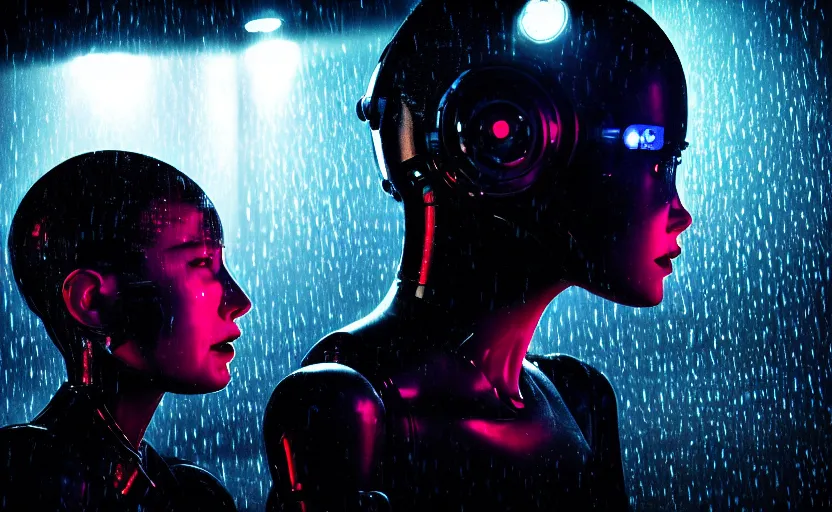 Prompt: cinestill 5 0 d candid photographic portrait by jj abrams of two loving female androids sobbing wearing rugged black mesh techwear in treacherous waters, flooded city, medium closeup, retrofuturism cyberpunk moody emotional cinematic, pouring iridescent rain bright spotlight helicopter, 8 k, hd, high resolution, 3 5 mm, f / 3 2, ultra realistic faces, ex machina