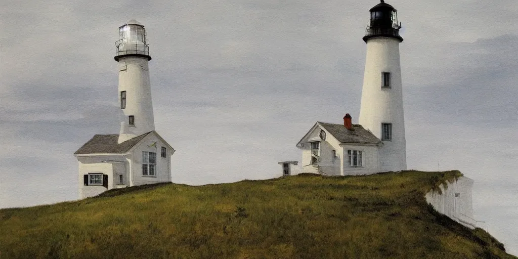 Prompt: a painting by Andrew Wyeth, lighthouse and house in front of the sea, artstation