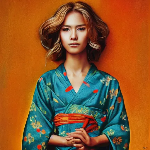 Image similar to stunning, breathtaking, awe - inspiring award - winning concept art portrait painting by steve mccurry of a beautiful young blonde latina woman with short, wavy hair, wearing a colorful yukata