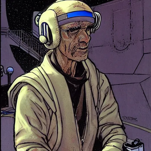 Image similar to Beggar priest with cyberpunk headset in busy spaceport on luna 5 colony. Concept art by James Gurney and Mœbius.