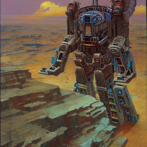 Image similar to mayan mecha in mesa landscape by j. c. leyendecker, bosch, and beksinski