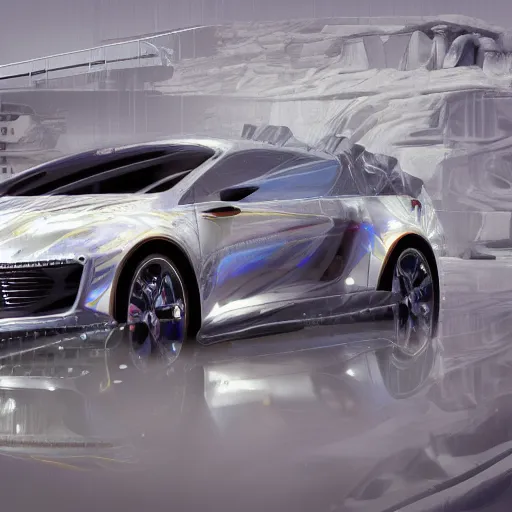 Image similar to sci-fi sport car formula 1 hatchback transport design organic smooth elastic forms on the front background digital billboard with point cloud in the coronation of napoleon painting by Jacques-Louis David, pinterest keyshot product render, cloudy plastic ceramic material shiny gloss water reflections, ultra high detail ultra realism, 4k