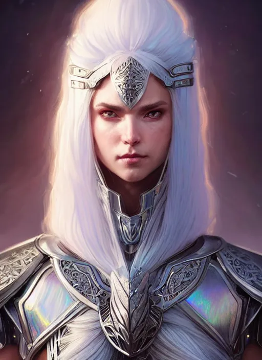 Image similar to light iridescent armor!!! long wild white hair!! covered chest!!! fantasy, d & d, intricate ornate details, digital painting, pretty face!!, symmetry, concept art, sharp focus, illustration, art by artgerm! greg rutkowski magali villeneuve wlop! ilya kuvshinov!!, octane render