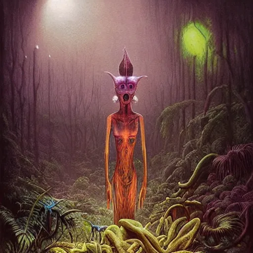 Image similar to a hyperrealistic painting of a beautiful alien princess in the middle of an alien jungle, bioluminescent plants, by john kenn mortensen and zdzislaw beksinski, highly detailed, vivid color,