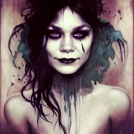 Image similar to beautiful portrait of vanessa hudgens as death from sandman, smiling, by cedric peyravernay, alphonse mucha, by jeremy mann, by lecouffe deharme, goth chic, soft lightning, eyeliner, punk rock, high detailed, 8 k