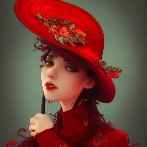 Prompt: a red hat, artstation, Grim fantasy,emotional, EOS R5, f/2.5 , illustration , concept art, award winning photograph, 8k, Alphonse Mucha style,