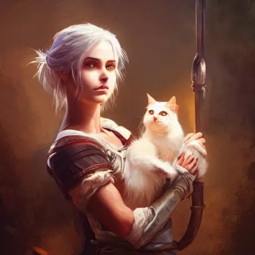 Prompt: Ciri holding a cat, beautiful lighting, expressive oil painting, trending on artstation, digital art, by Yoshitaka Amano