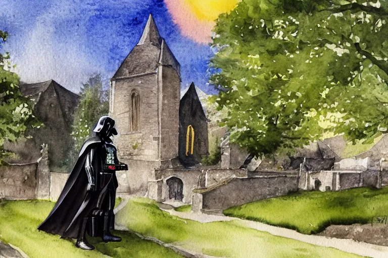 Image similar to a detailed watercolor painting of darth vader leaving a medieval church in a quaint english village, churchyard, trees, golden hour