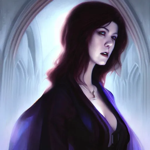 Image similar to a portrait digital painting of mary elizabeth winstead as a vampire in a gothic cathedral at night. painted by artgerm, ross tran.