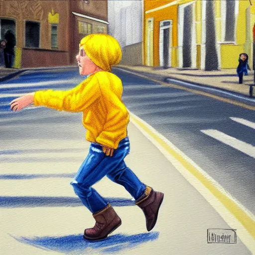 Prompt: kid with yellow boots running down the street, concept art, painting, highly detailed