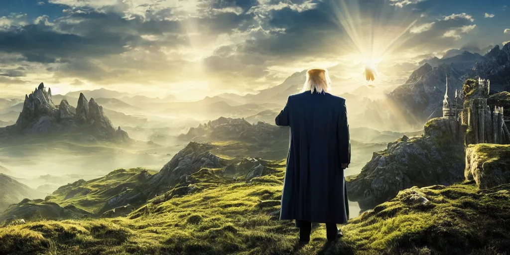 Image similar to a beautiful wide shot of donald trump being gandalf, the panorama of middle earth in the background, intricate detail, god rays, photography, volumetric light, cinematic, 8 k