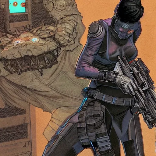 Prompt: Selina. Apex legends assassin in stealth suit. Concept art by James Gurney and Mœbius.